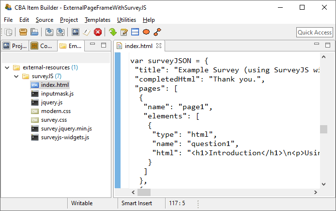 Screenshot of the Embedded HTML Explorer using SurveyJS conent.