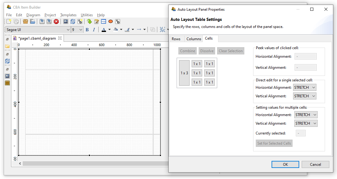 Dialog Auto Layout Panel Properties showing an example with merged cells.