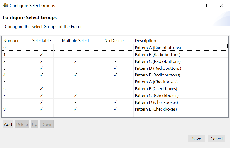 Configure Select Groups dialog to define Frame Select Groups.