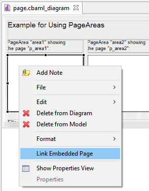 Context menu for components of type PageArea.