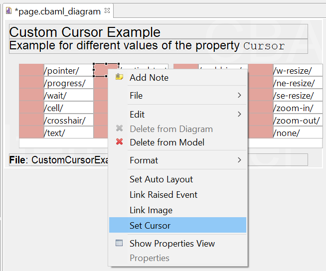 Context menu for defining the Cursor in the Page Editor.