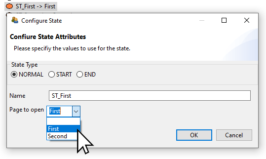 Dialog Configure State showing Page to open to assign a Page to a State.