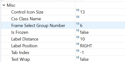 Assignment of a component to a Frame Select Group in the Properties-view.