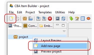 Toolbar icon and context menu to create a new page.