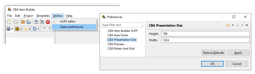 CBA ItemBuilder Preferences to define the CBA Presentation Size for new projects.