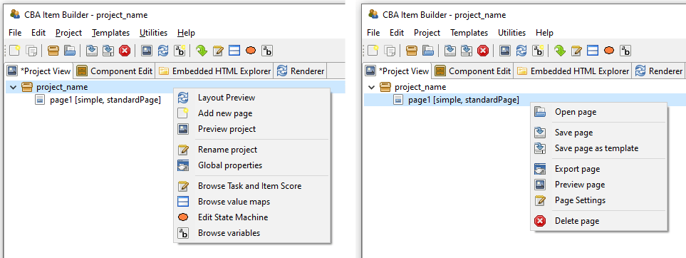 Context Menu in the Project View clicked on the root (left) and on a page (right)