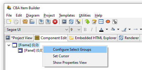 Context menu in the Component Edit for the Frame Component to open the dialog Configure Select Groups.