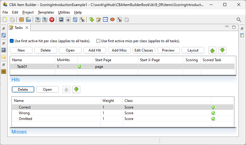 Task-Editor with one Task and three Hit-conditions for the item shown in Figure 5.2.