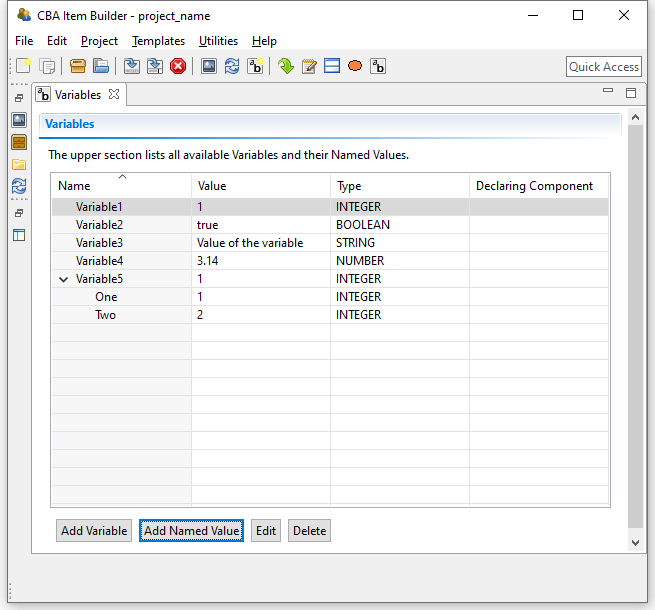 Variables editor in the right area of the user interface.